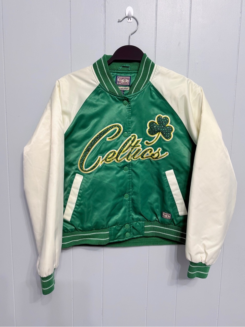 NBA Hardwood Classics Boston Celtics Green Satin Varsity Bomber Jacket Small